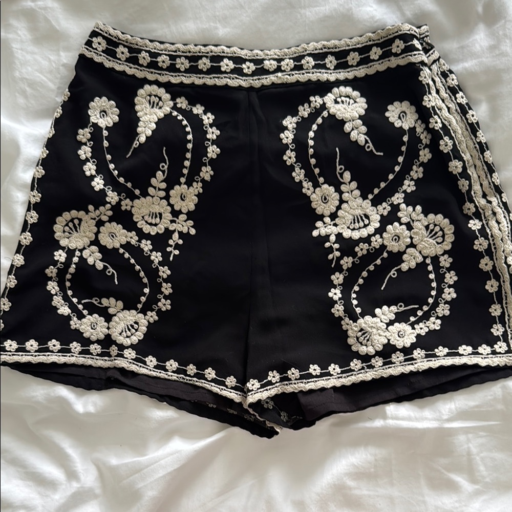 Topshop Black and White High Waist Shorts with Ornate Embroidery